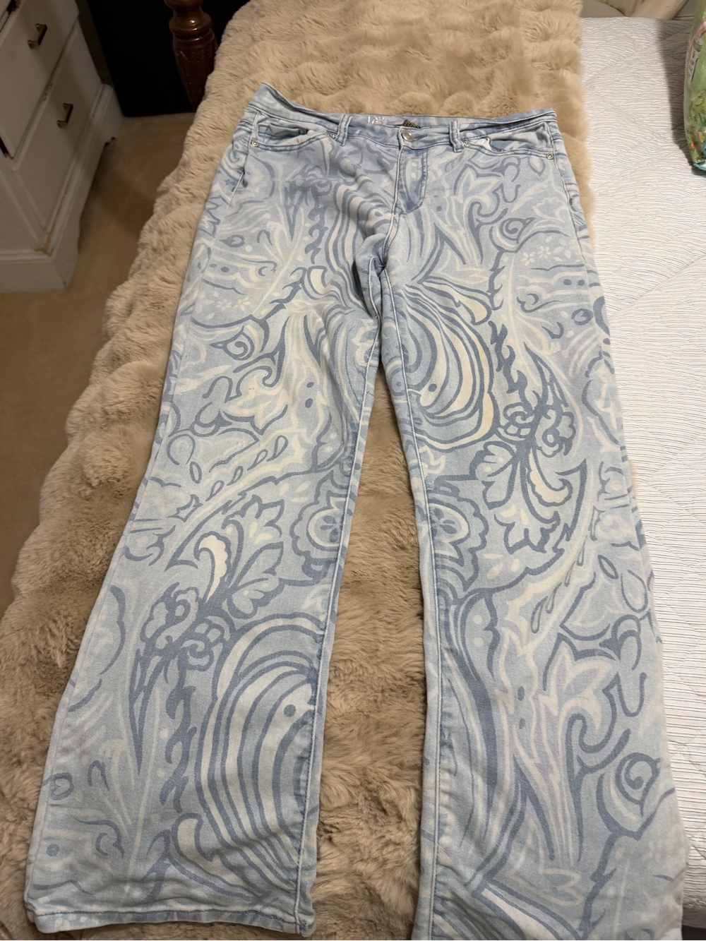 Light Blue Paisley-Print Wide-Leg Jeans